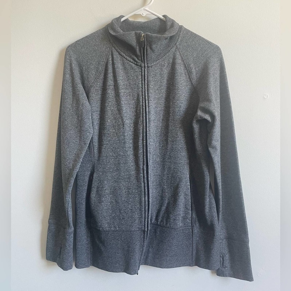 GAP Fit Gray Full Zip Activewear Jacket Thumbholes Women’s Size Medium Hoodless